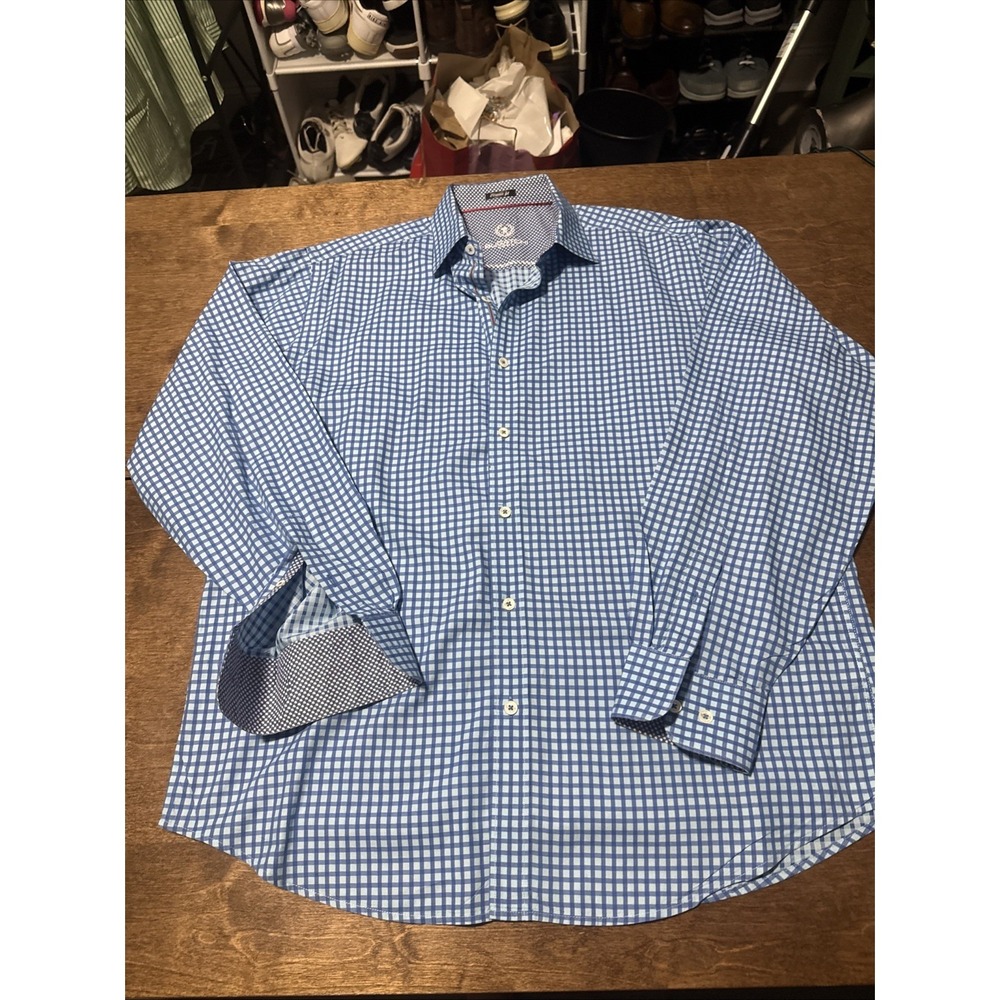 Bugatchi Uomo Shirt Mens XL Blue Gingham Classic Fit Long Sleeve Button Up